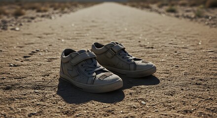 Naklejka premium Abandoned Childs Shoes on Desert Path: Solitude and Journey.