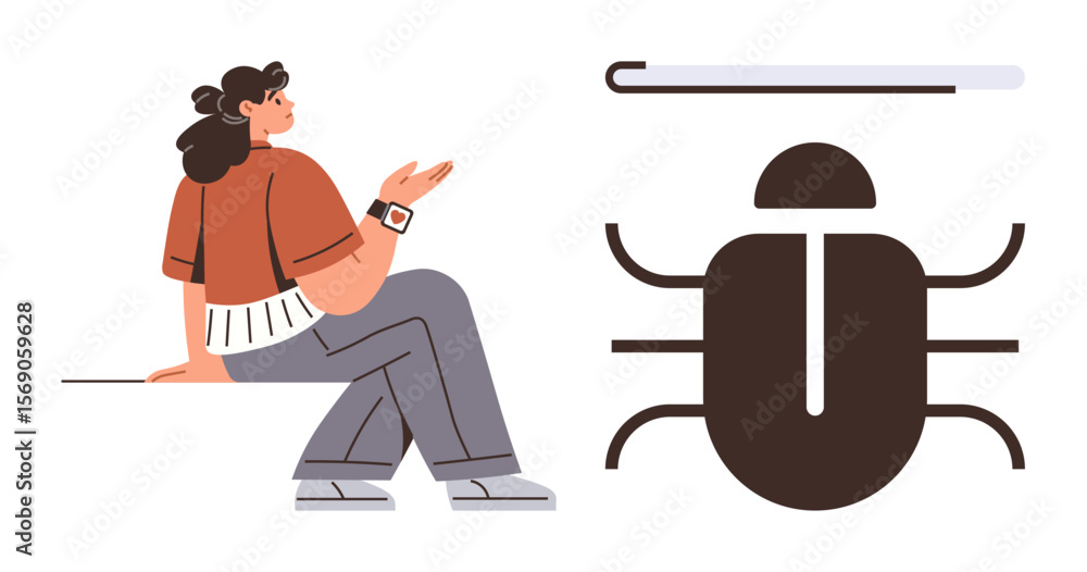 Poster woman seated in casual attire gesturing, alongside visual of a virus bug and loading bar. ideal for 