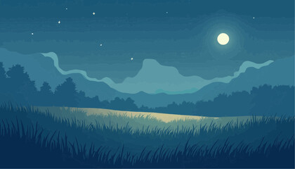 Fototapeta premium Serene Night Landscape with Full Moon Bright Stars and Rolling Hills in Soft Blue Tones