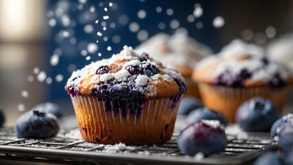 Macro of powdered sugar falling on blueberry muffins, sharp texture with blurred kitchen background.