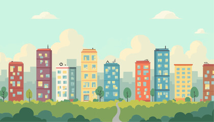 Colorful Urban Apartment Buildings Scene with Green Park and Cloudy Sky