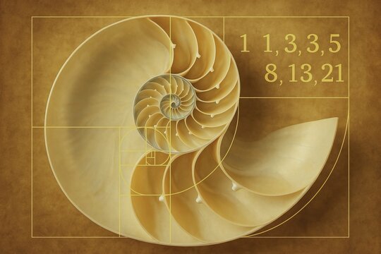 Natural fractal geometry reveals repeating patterns in nature. A golden nautilus shell with an overlaid Fibonacci spiral and sequence numbers
