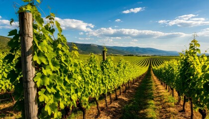 The vineyard stretches under a bright blue sky. Lush green vines line the rows, with sunlit hills in the background. The perfect setting for winemaking, showcasing nature's beauty in 3D, 4K.