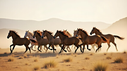 Fototapeta premium Dynamic Herd of Wild Mustangs Running Across Grassy Plains Under Blue Sky