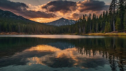 Calm lake reflecting the sunset sky with mountains and forest in the background at dusk or dawn