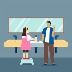 Father guiding daughter to wash hands in a public restroom. 