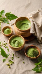 Flat lay of green tea face mask with matcha paste, spatula, powder, and fresh leaves on beige linen.