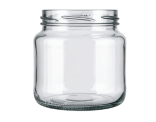 A clear, empty glass jar with a wide mouth and smooth surface, suitable for storing food or other items.