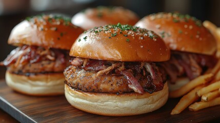 Three sliders with cheese and bacon pulled pork.