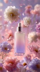 Luxurious beauty product floating in pastel floral background, elegant glass pump bottle
