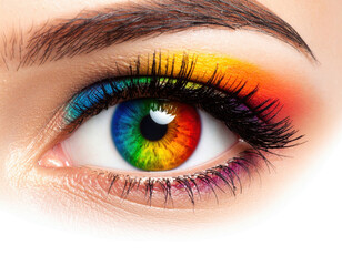 Obraz premium Close-up of an eye with a vibrant rainbow iris and colorful eyeshadow, showcasing artistic makeup and vivid detail.