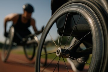 Close-up of racing wheelchair with athlete in motion, emphasizing speed, design and inclusion in adaptive sports events.