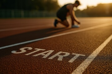 Painted start line on running track with athlete in background, symbolizing the beginning of competition and race mindset.