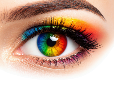 Close-up of an eye with a vibrant rainbow iris and colorful eyeshadow, showcasing artistic makeup and vivid detail.