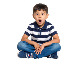 A young boy sits cross-legged wearing a striped polo shirt and jeans, with a surprised expression and mouth open wide.