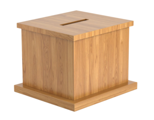 A wooden donation or ballot box with a rectangular slot on top and a sturdy base.
