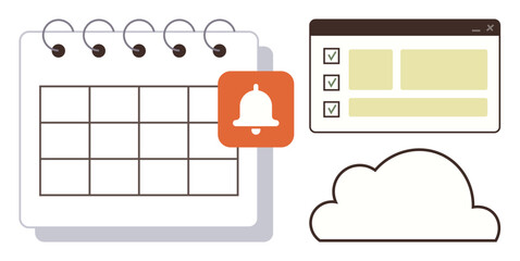 Calendar grid with notification bell, checklist interface window, and cloud storage. Ideal for planning, organization, task management, reminders, cloud computing scheduling productivity. Simple