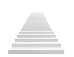 A white staircase viewed from the front, ascending in a straight, symmetrical design with evenly spaced steps.