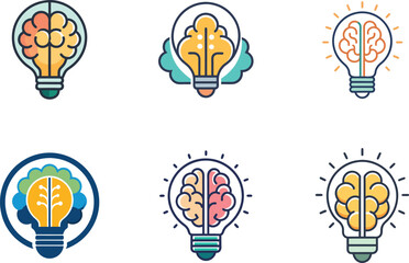 Six creative brain lightbulb logos ideal for branding identity design projects offering diverse styles and colors perfect for startups and businesses needing unique visual appeal