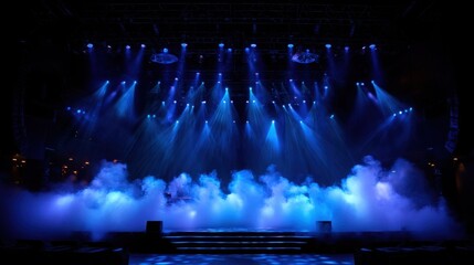 Theatrical Lighting Design Rich blue stage lights merge with billowing fog crafting a dramatic scene that highlights the artistry of live performance and draws in the night crowd with