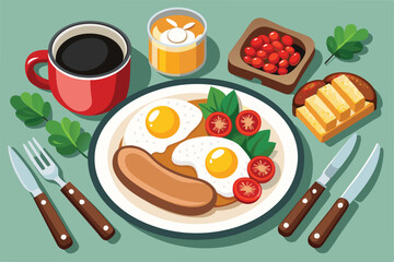 Delicious Breakfast Sunny-Side Up Eggs, Sausage, Toast, and More