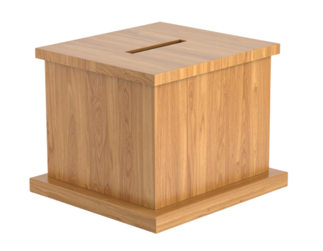 A wooden donation or ballot box with a rectangular slot on top and a sturdy base.