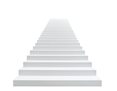 A white staircase viewed from the front, ascending in a straight, symmetrical design with evenly spaced steps. - Powered by Adobe