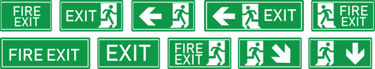 Emergency Exit Icon set. Vector illustration of running man and exit door sign. Escape and evacuation symbol. Various exit sign isolated white background.Evacuation and relocation of people to safety.