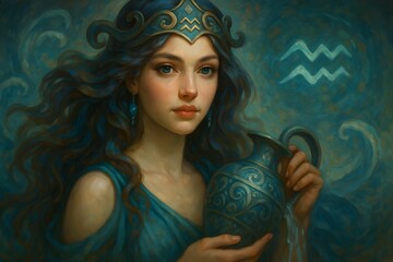 Aquarius Zodiac Sign Young woman in blue attire holds a decorative pitcher representing water symbolism in artistic expression