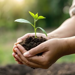 Hands gently holding a vibrant green seedling in rich soil outdoors — symbolizing care, rebirth, ecological harmony, and sustainable growth