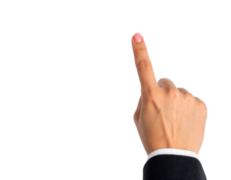 A hand with a neatly manicured pink fingernail points upward, wearing a black suit sleeve with a white cuff.