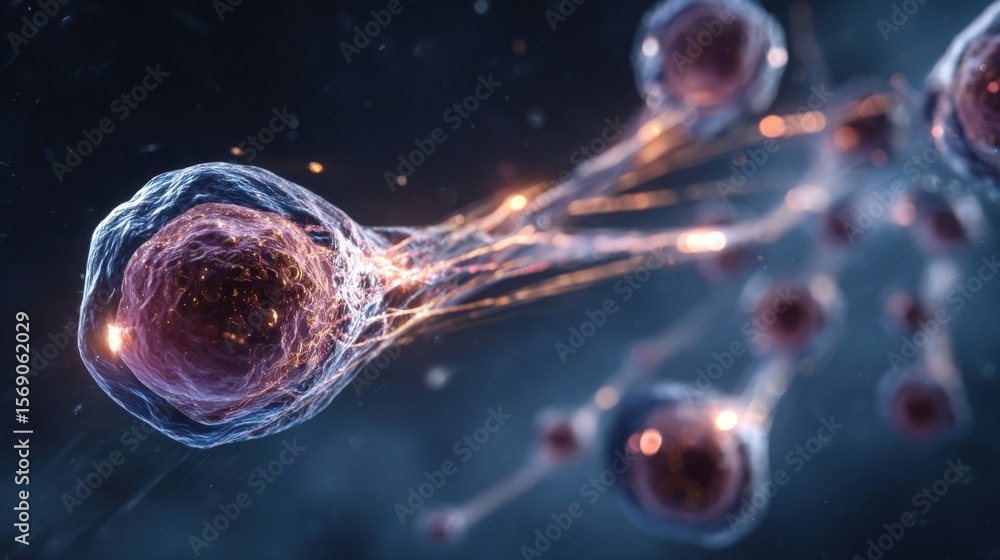 Poster closeup of embryonic stem cells in a dynamic abstract setting symbolizing their crucial role in adva