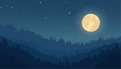 Fototapeta premium Full Moon Over Dark Forest with Starry Sky in Night Scene