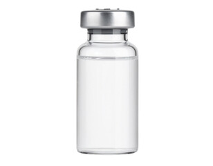 A small clear glass vial sealed with a silver metal cap, commonly used for storing liquid medications or vaccines.