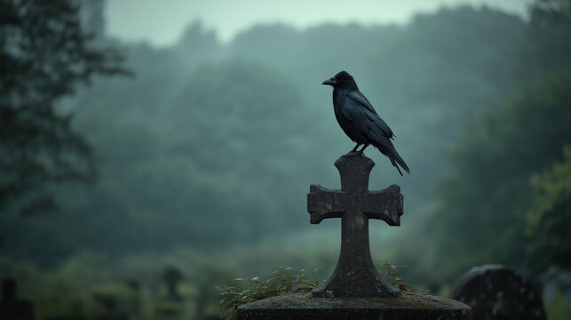 Crow sitting on an old stone cross in an abandoned cemetery