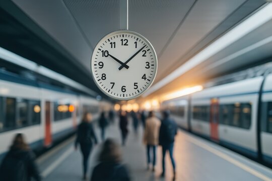Train station clock above platform with commuters in background, illustrating time management during rush - Powered by Adobe