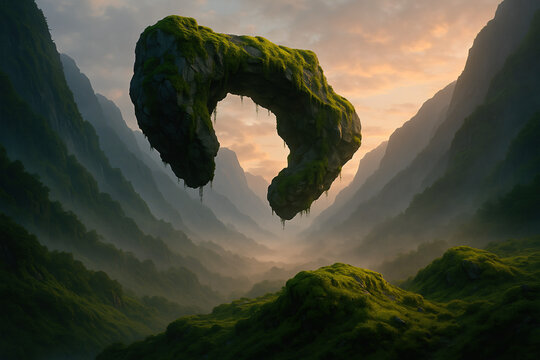 Mystical Floating Moss-Covered Rock Arch Above a Misty Mountain Valley - Powered by Adobe