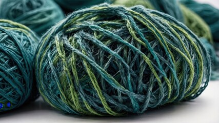 Closeup of green and blue yarn bundle: a detailed texture for craft enthusiasts