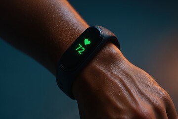 Fitness tracker showing pulse rate on athlete's wrist, representing health tracking, wearable technology and fitness analytics
