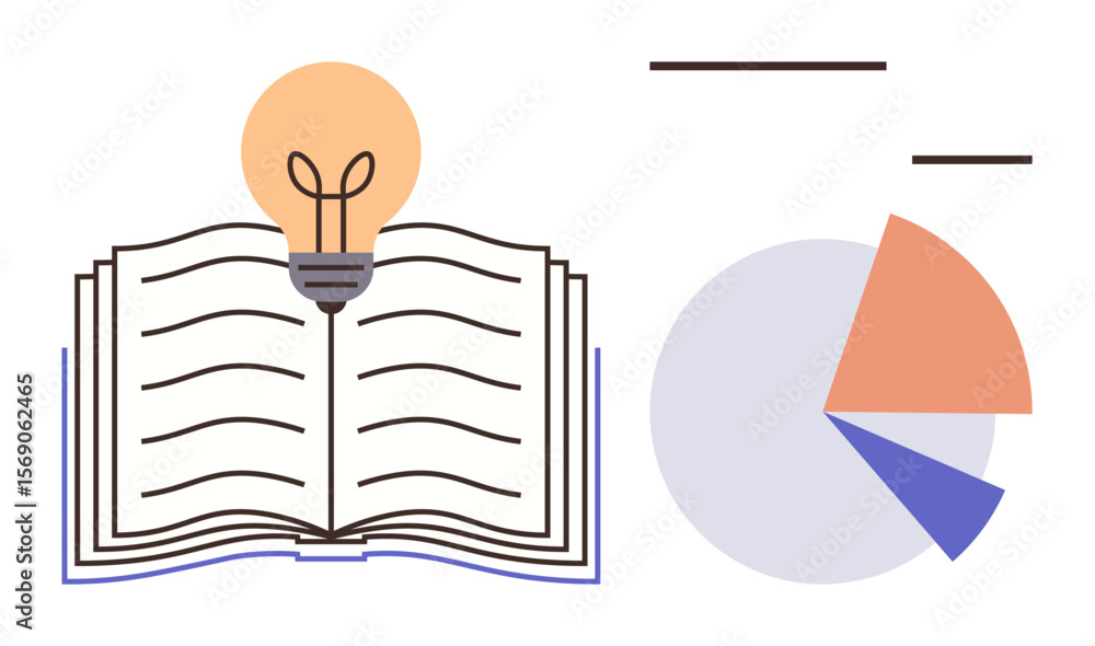 Poster open book with glowing light bulb symbolizing ideas, next to a pie chart highlighting data and analy