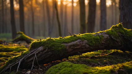 Moss-covered fallen tree trunk in a serene forest at golden hour, soft sunlight filtering through tall trees in the background.
