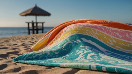 Vibrant towel on sandy beach with idyllic ocean view and tranquil sky