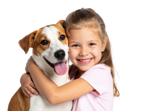 A smiling young girl embraces a happy dog with a brown and white coat, both showing affection and joy.