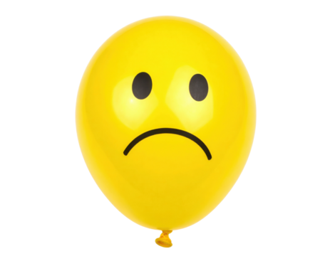 A yellow balloon features a sad face with two black oval eyes and a curved-down mouth, expressing unhappiness or disappointment.