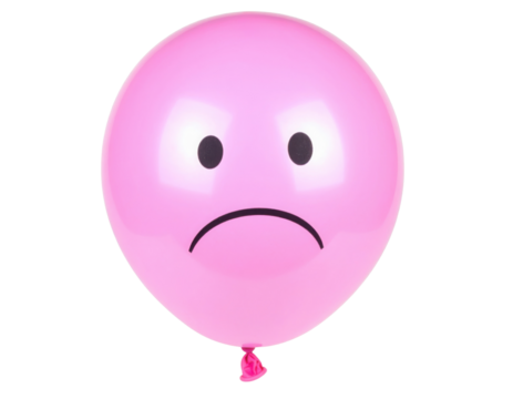 A pink balloon with a sad face drawn on it, featuring two black oval eyes and a downward curved mouth.