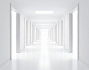 Obraz premium Infinite White Hallway with Symmetrical Doors – Surreal Concept Space