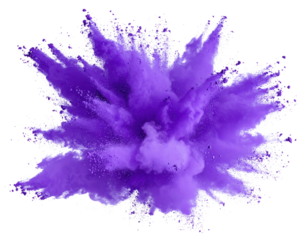 A vibrant purple powder explosion captured mid-air, showcasing dynamic bursts and fine particles spreading outward in multiple directions.