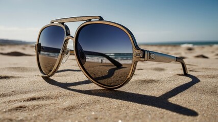 Stylish sunglasses reflecting scenic beach view on sunny sandy coastline