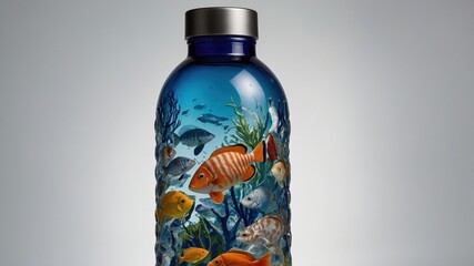 Artistic fish design on transparent water bottle with oceanic theme and colorful marine life