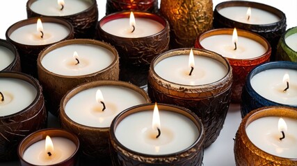 Elegant scented candles in textured holders creating a warm, relaxing atmosphere